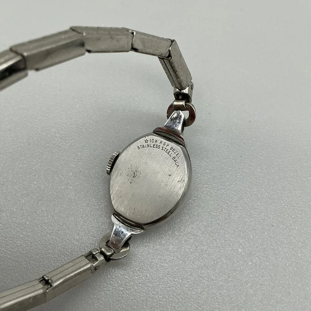 Vintage Elgin Womens Watch 10K RGP Bezel 14mm White Dial Stretch Bracelet Manual
